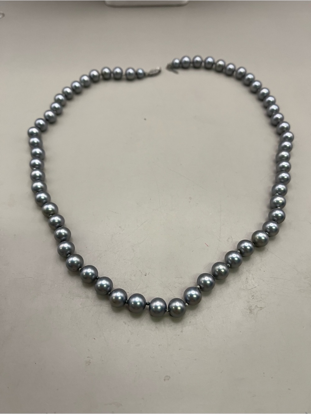 Grey Pearl Necklace Hand Knotted Graduated 7-8mm Gray Pearls Silver Filigree